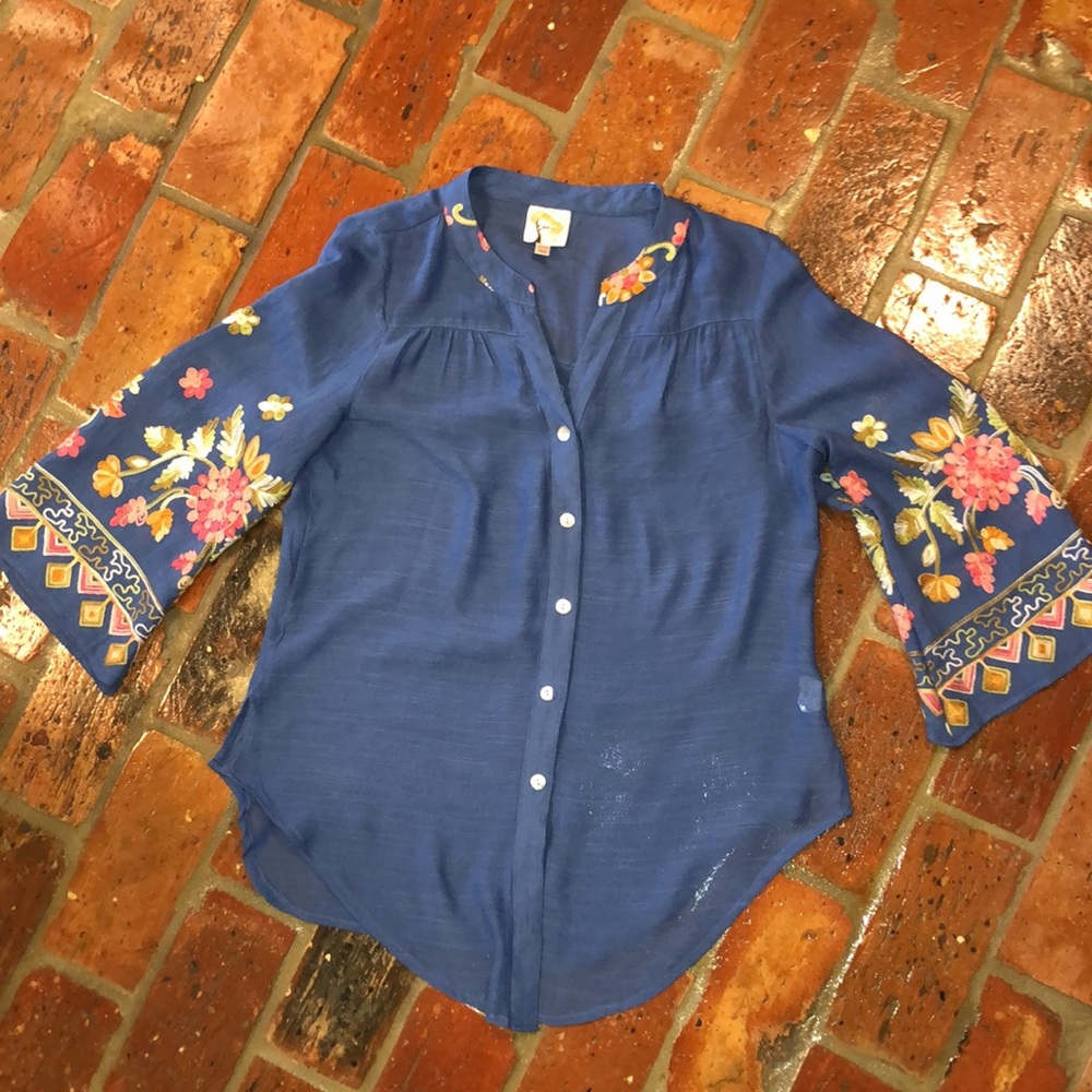 Anthro Fig and Flower boho embroidery sleeve button up top szPM